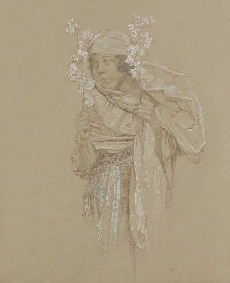 Toned-paper drawing by Alphonse Mucha of a woman in a headscarf holding two white flowering sprigs close to her face; she is wrapped in a long veil with bright white highlights, and a patterned sash with pale blue accents hangs from her waist against an otherwise empty background.