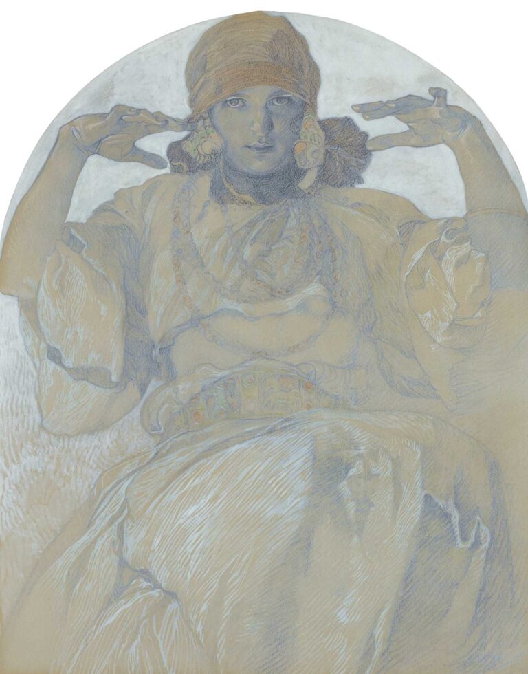 Semicircular portrait drawing by Alphonse Mucha of a young woman wearing a headscarf, earrings, and layered necklaces; she sits close to the viewer with both hands raised to frame her face, her dress rendered in blue-gray pencil with white highlights on warm toned paper.