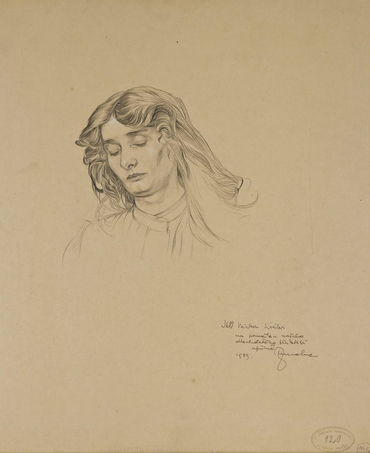 Graphite head-and-shoulders drawing by Alphonse Mucha of a young woman with long wavy hair and downcast eyes on a largely empty sheet; delicate shading models the face while the blouse is barely indicated and a handwritten inscription appears on the lower right.
