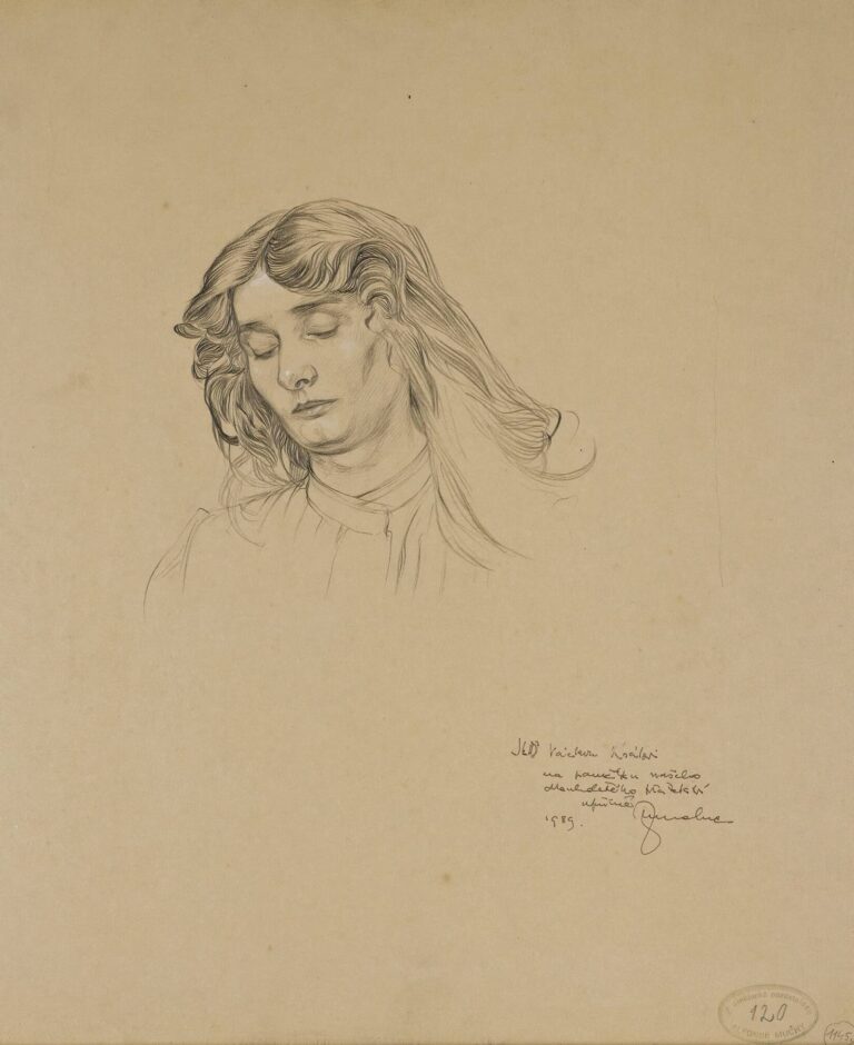 Graphite head-and-shoulders drawing by Alphonse Mucha of a young woman with long wavy hair and downcast eyes on a largely empty sheet; delicate shading models the face while the blouse is barely indicated and a handwritten inscription appears on the lower right.