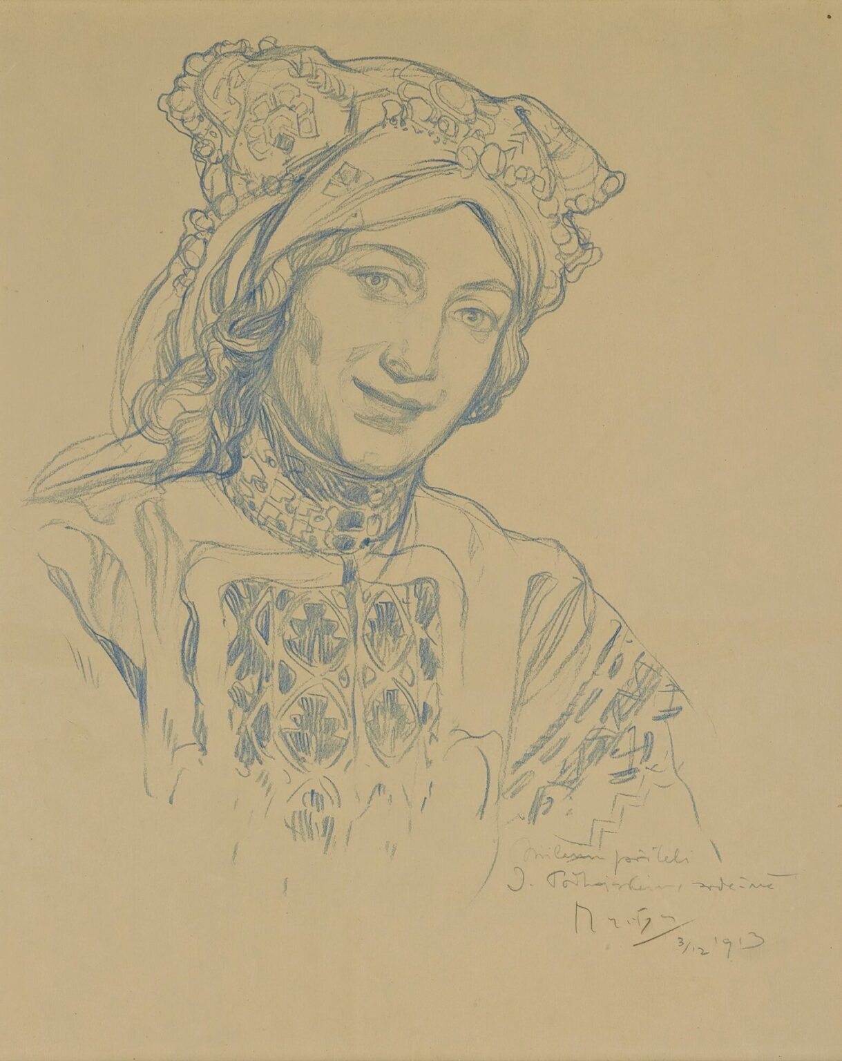 Blue-pencil portrait by Alphonse Mucha of a young woman wearing an ornate folk headdress, beaded choker, and patterned bodice; the face is carefully shaded, the garments drawn with flowing lines on warm paper, with a handwritten dedication and 1913 date at lower right.