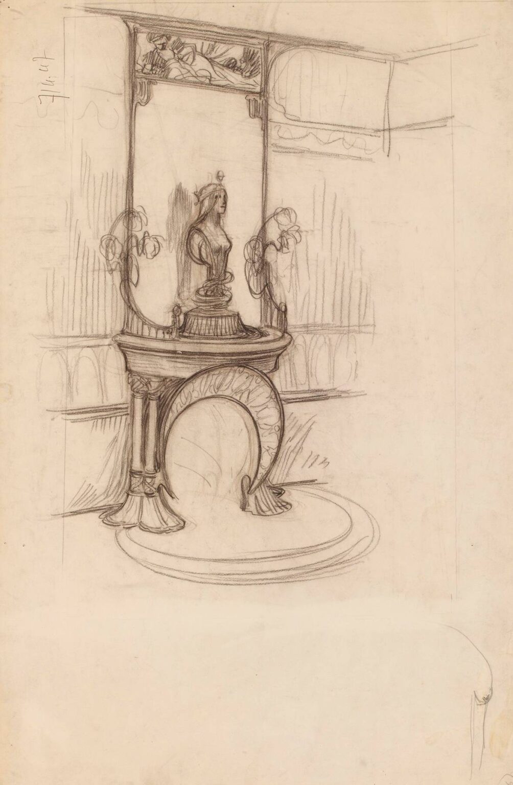 Pencil design by Alphonse Mucha showing an Art Nouveau fireplace: a semicircular arched hearth with flaring, plant-like supports, a projecting mantel holding a bust titled “La Nature,” and two floral lamp stems flanking the sculpture; a decorative frieze panel appears above and an oval hearth rug below within a lightly sketched interior.