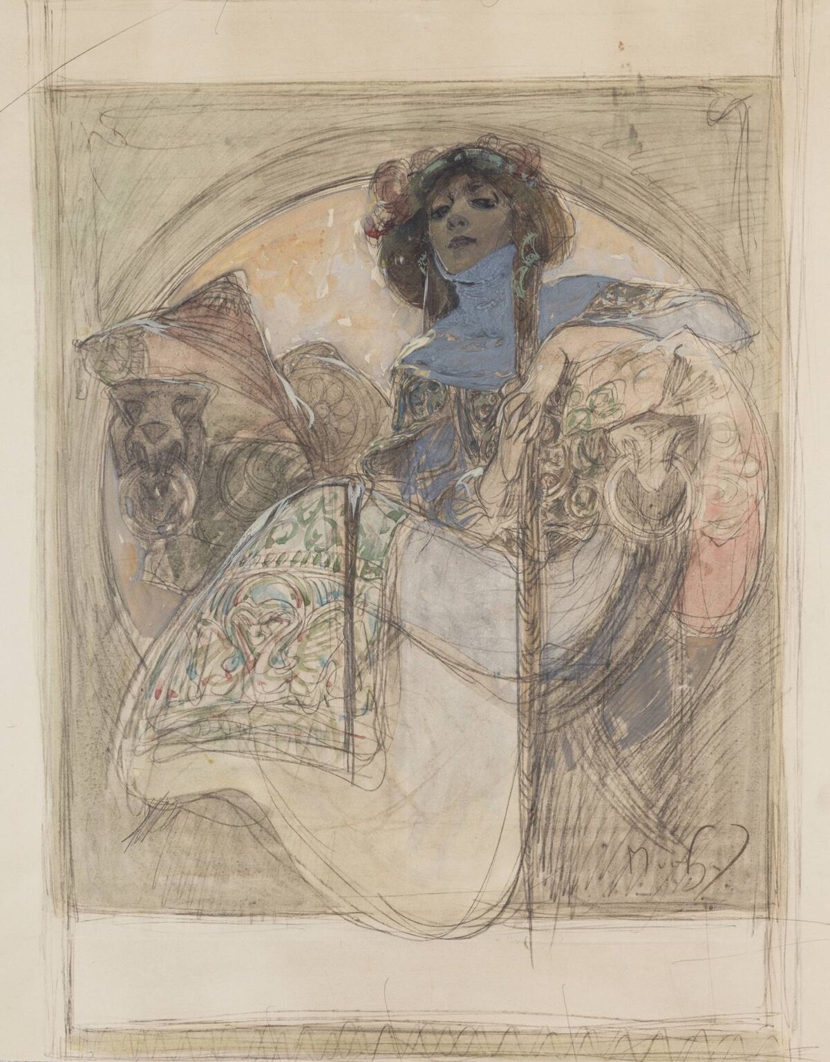 Sketch and wash study by Alphonse Mucha of a woman seated within a circular niche, wearing a blue collar and floral headpiece, draped in patterned garments with stylized vases and curving architecture around her; exploratory pencil lines, soft color accents, and open space suggest a poster design in progress.