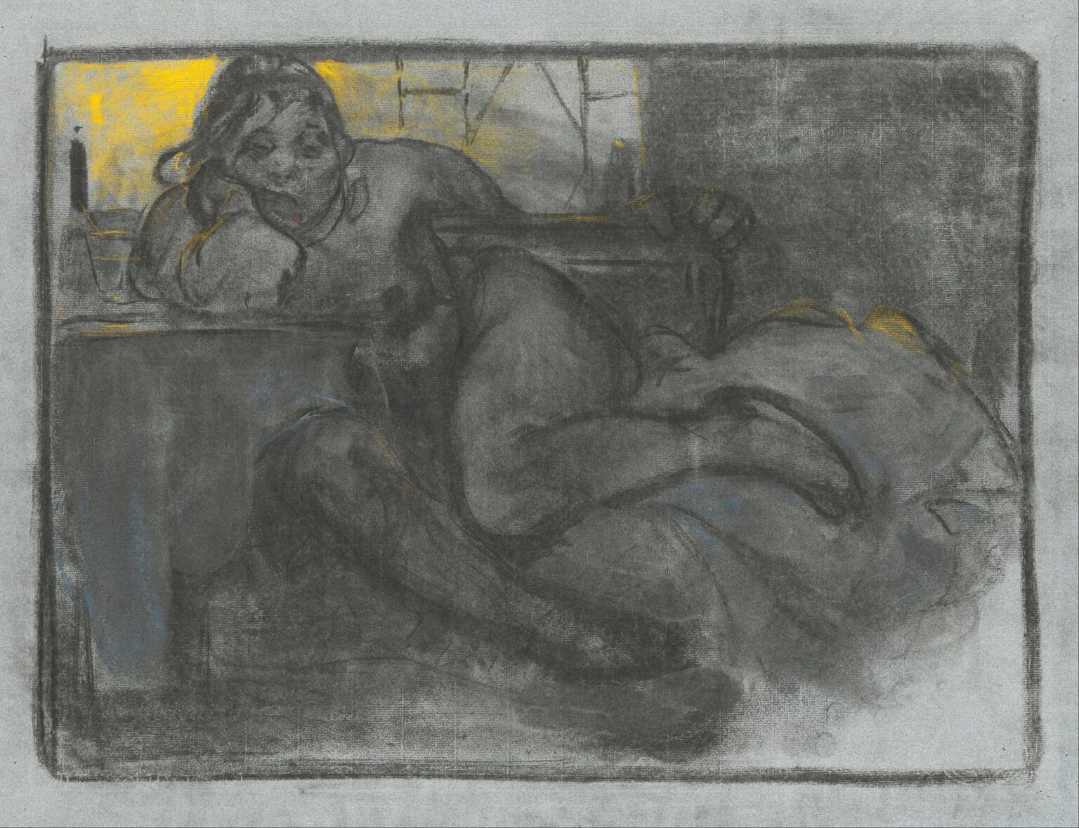 Charcoal and pastel drawing by Alphonse Mucha showing a dim interior: one figure reclines curled on a couch while another leans on a table at left; a mustard-yellow light glows from a window behind them, with deep greys and faint blue tones creating a moody, late-night atmosphere.