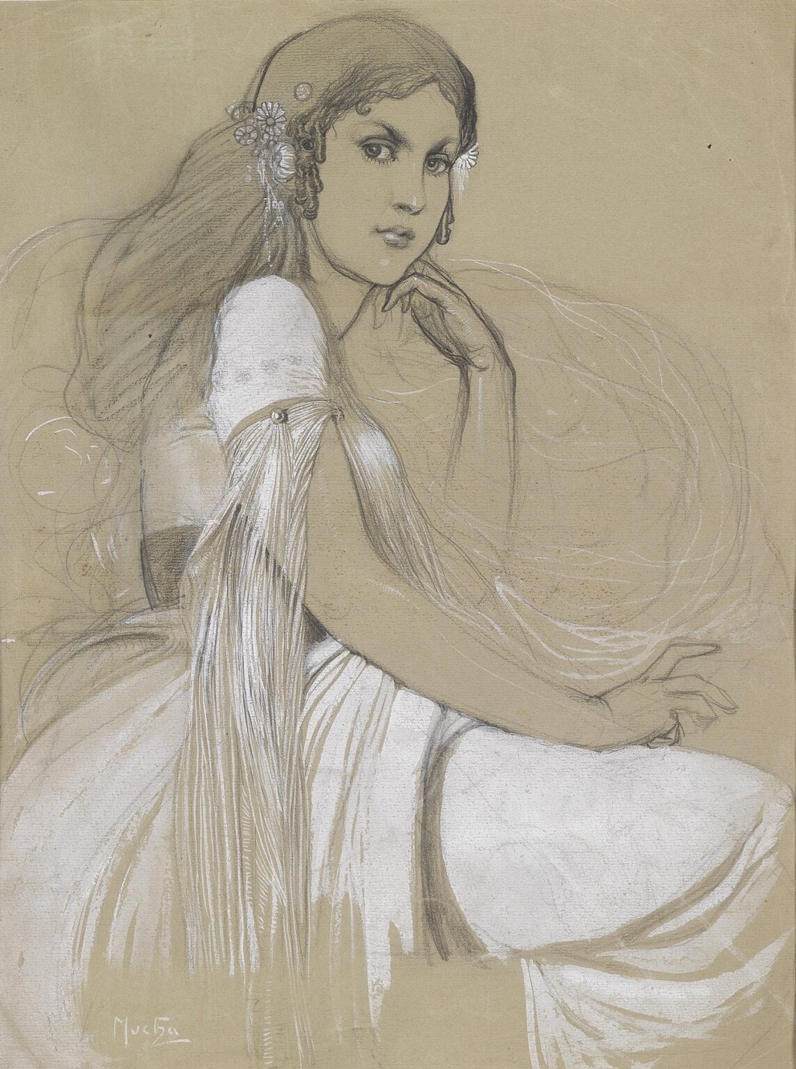 Toned-paper drawing by Alphonse Mucha of a seated young woman with long flowing hair adorned with small flowers, turning to face the viewer; she rests one hand under her chin while a luminous white draped dress and tassels are highlighted with white, and soft swirling lines fill the background.