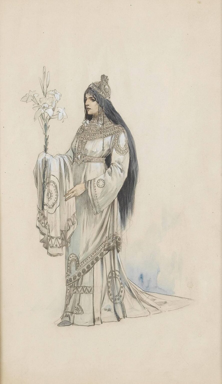 Costume design drawing by Alphonse Mucha showing a regal woman in profile wearing a jeweled headdress and ornate pale robe with circular ornaments, holding a white lily and lifting a decorated drape, set against a blank background.