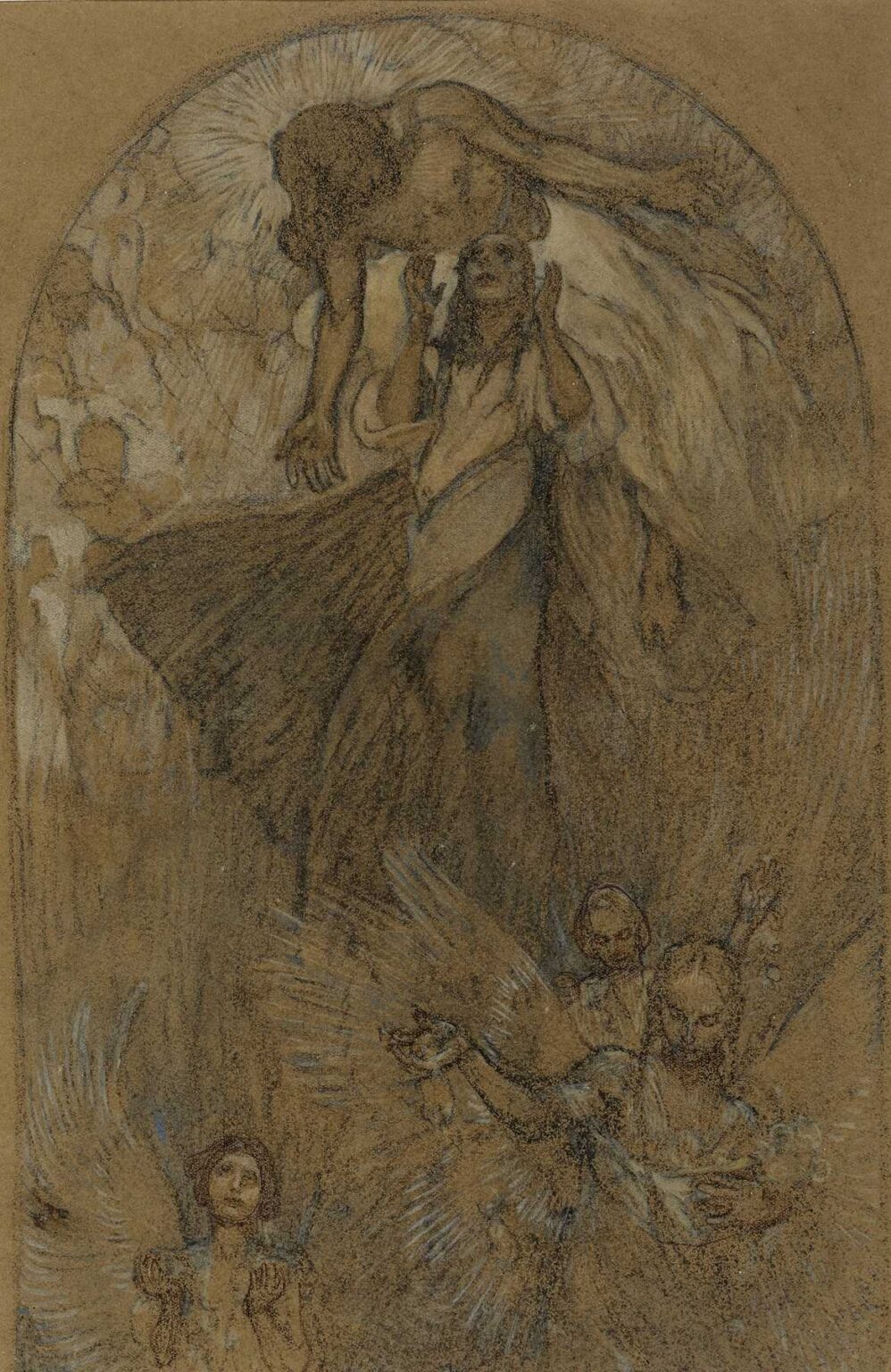 Vertical arched drawing by Alphonse Mucha showing a radiant figure rising at the top, a woman below with upraised hands, and angels with spreading wings ascending from the bottom; executed on brown paper with graphite, washes, and white chalk highlights.