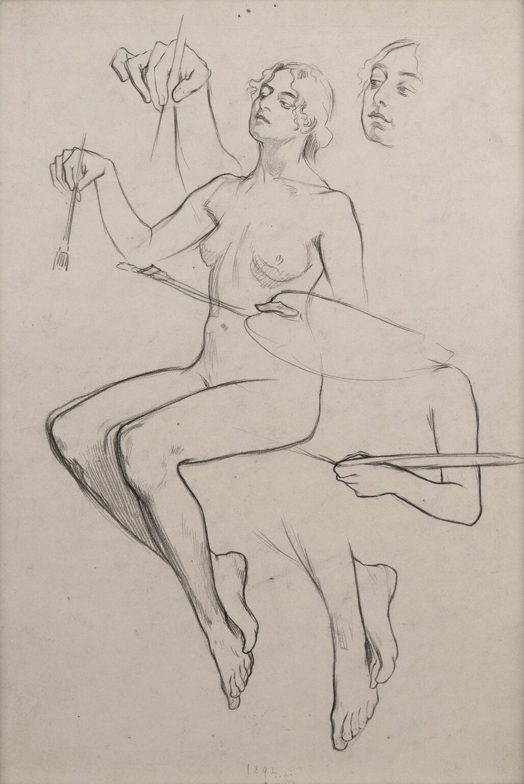 Graphite study sheet showing a seated nude woman holding a brush with a lightly sketched palette, surrounded by separate studies of hands and a second head; clean contours, minimal shading, and open background emphasize rhythm and anatomy.