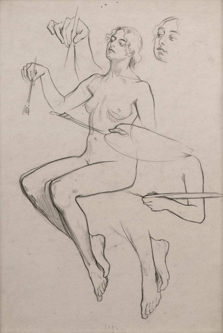 Graphite study sheet showing a seated nude woman holding a brush with a lightly sketched palette, surrounded by separate studies of hands and a second head; clean contours, minimal shading, and open background emphasize rhythm and anatomy.