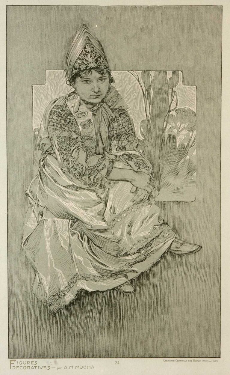 Monochrome plate by Alphonse Mucha showing a seated young woman in richly embroidered Slavic folk dress and pointed headdress, framed by a rectangular panel with floral motifs; flowing drapery and precise hatching create light and texture within a vertically hatched background.