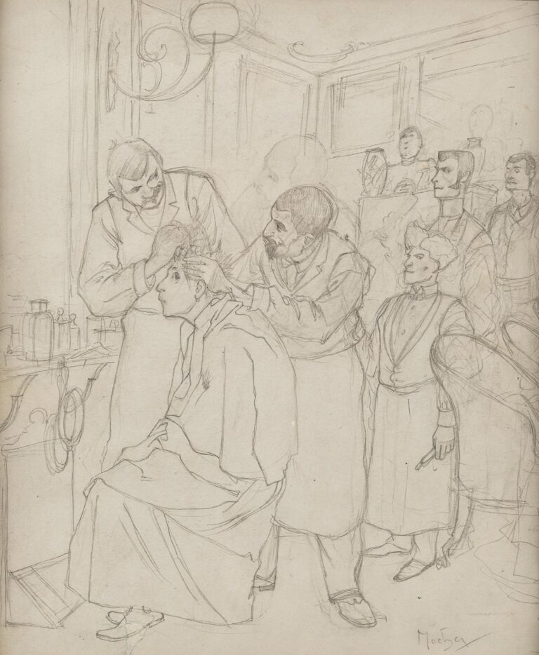 Pencil study of a busy hairdressing salon: two barbers lean over a seated client, hands massaging his scalp, while spectators and a neatly dressed woman look on amid mirrors, a wall lamp, and counter bottles; loose lines and corrections show Mucha’s working process.