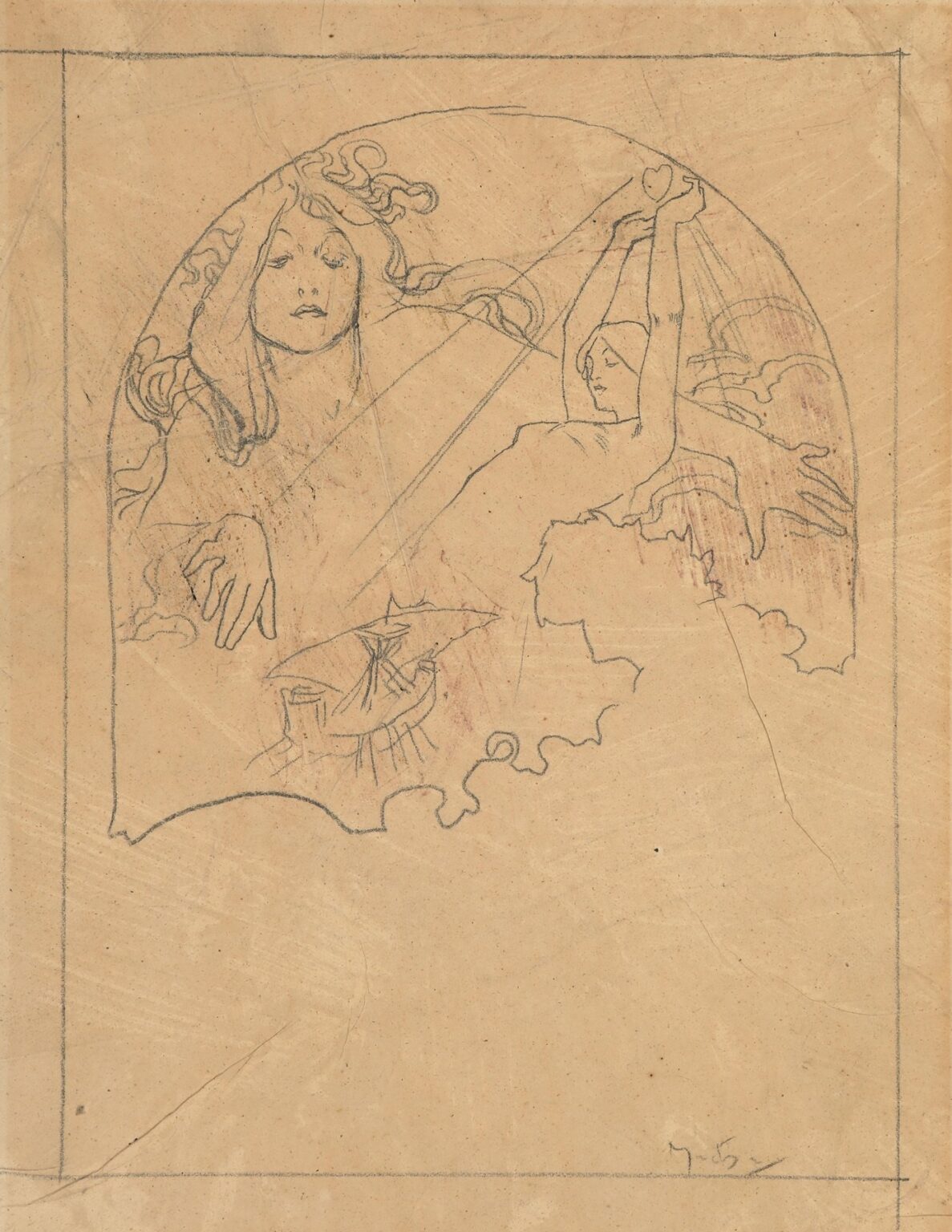 Pencil study inside a circular cartouche showing two women: one frontal with flowing hair, the other in profile lifting a small heart toward diagonal rays; clouds curl around the border and a scalloped opening with a tiny parasol-like motif appears at the bottom.