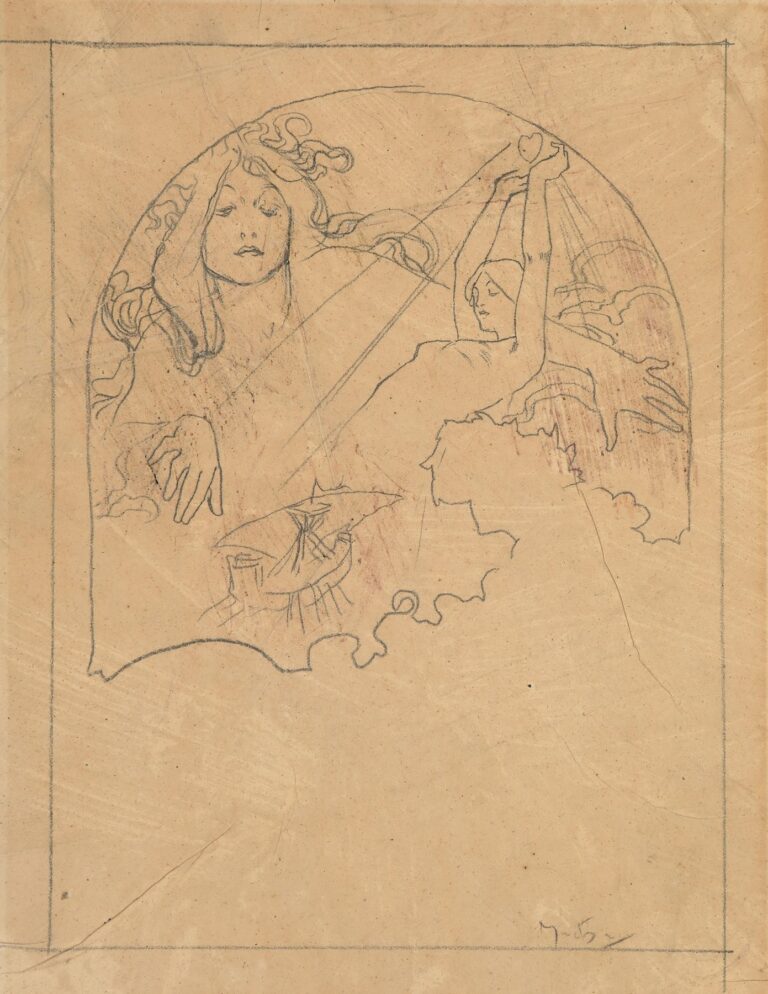 Pencil study inside a circular cartouche showing two women: one frontal with flowing hair, the other in profile lifting a small heart toward diagonal rays; clouds curl around the border and a scalloped opening with a tiny parasol-like motif appears at the bottom.