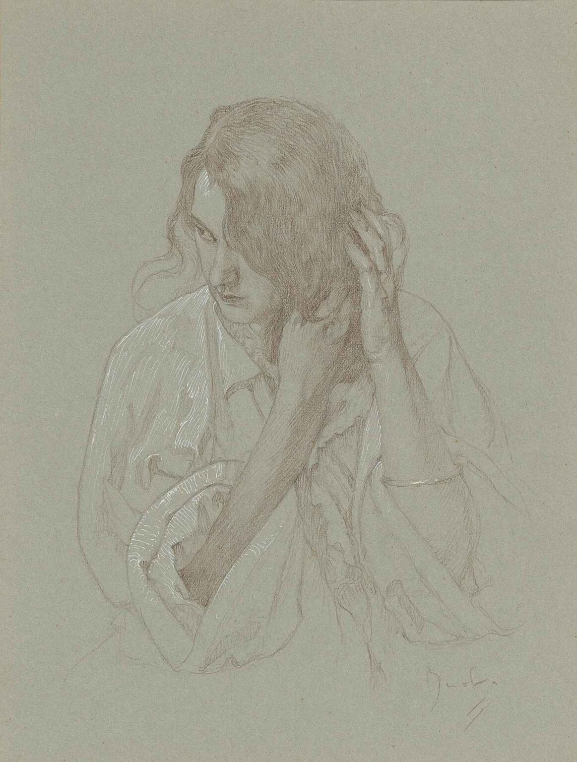 Graphite and white gouache on gray paper depicting a young woman arranging her hair with both hands, characterized by soft shading, flowing lines, and a downcast, contemplative gaze.