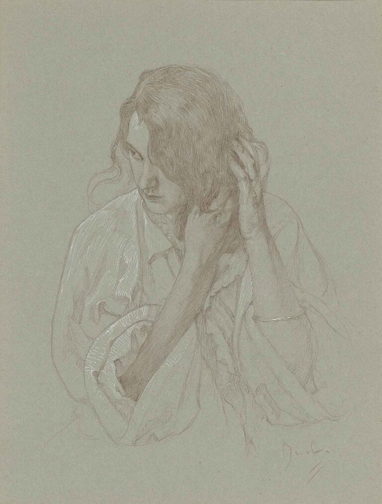 Graphite and white gouache on gray paper depicting a young woman arranging her hair with both hands, characterized by soft shading, flowing lines, and a downcast, contemplative gaze.