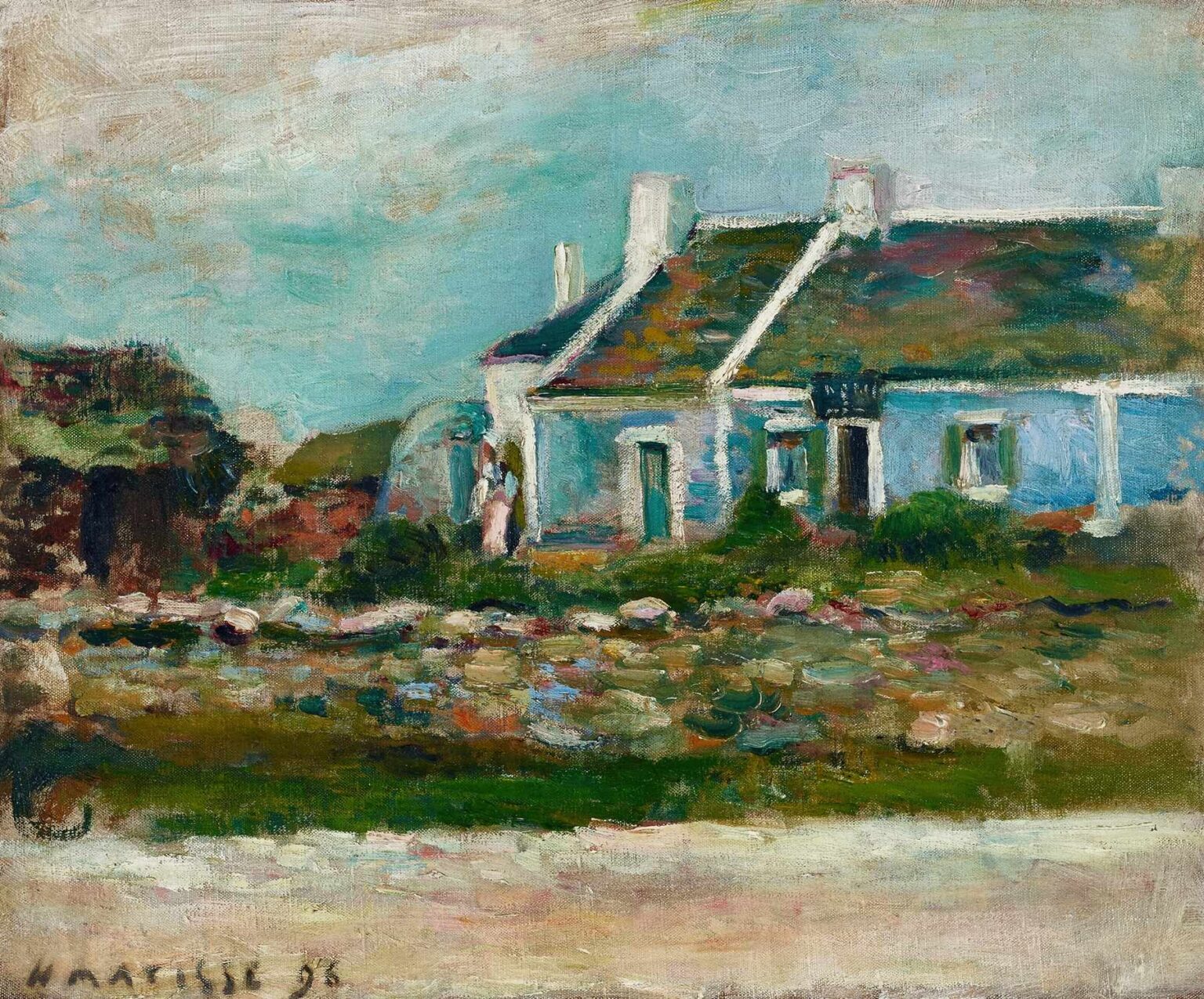 A small blue Breton house with white chimneys stands at right beneath a pale turquoise sky. A rocky yard fills the middle ground, with a light strip of road at the bottom. The roof is mottled green and brown, a dark doorway opens into shadow, and a small figure stands near the entrance. Loose brushwork and soft edges suggest damp coastal light. Painted by Henri Matisse in 1896.