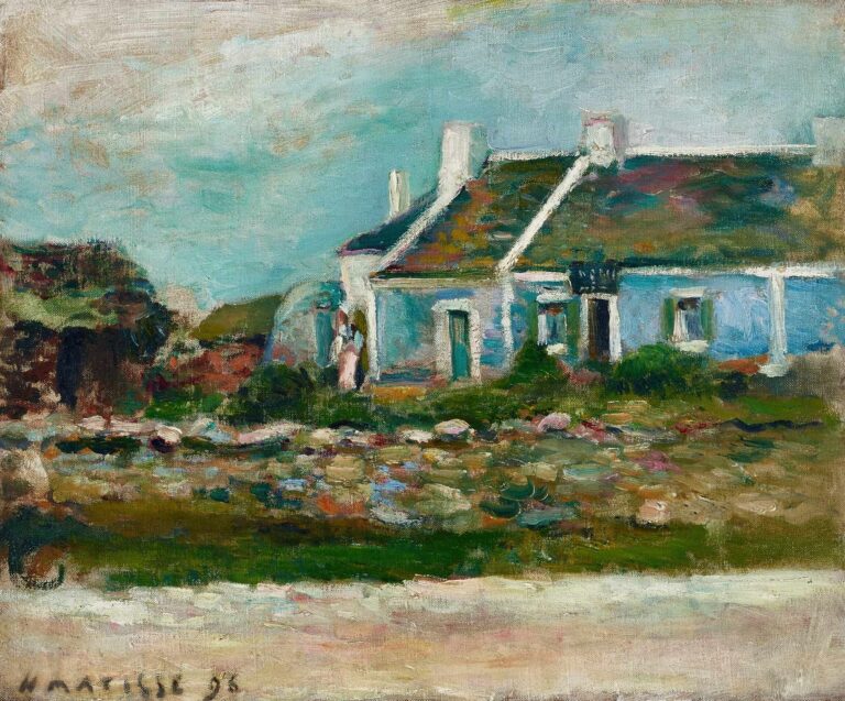 A small blue Breton house with white chimneys stands at right beneath a pale turquoise sky. A rocky yard fills the middle ground, with a light strip of road at the bottom. The roof is mottled green and brown, a dark doorway opens into shadow, and a small figure stands near the entrance. Loose brushwork and soft edges suggest damp coastal light. Painted by Henri Matisse in 1896.