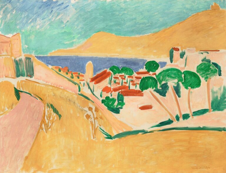 A high, sunlit view of Collioure simplified into flat planes: golden hills and pink roads descend to a band of deep blue sea, with clusters of red-roofed houses and rounded green trees under a turquoise sky. Broad brushstrokes and clean contours create a bright, harmonious Mediterranean scene painted by Henri Matisse in 1911.