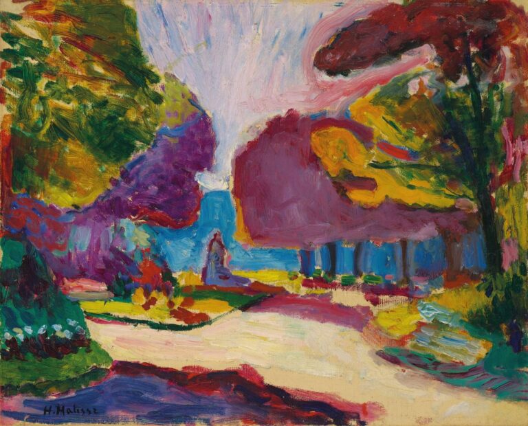 Vibrant view of the Luxembourg Gardens with a pale winding path, a vertical blue fountain at center, and masses of trees painted in crimson, violet, yellow, and green. Thick, visible brushstrokes and simplified forms create a luminous, energetic scene by Henri Matisse, 1902.