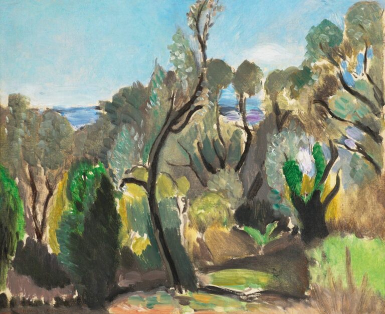 Mediterranean landscape under a clear blue sky with interlacing dark tree trunks, rounded green canopy masses, sunlit ochre ground, and small blue slivers of sea glimpsed between foliage. Varied brushstrokes and strong black contours give the scene rhythmic structure. Painted by Henri Matisse in 1918.