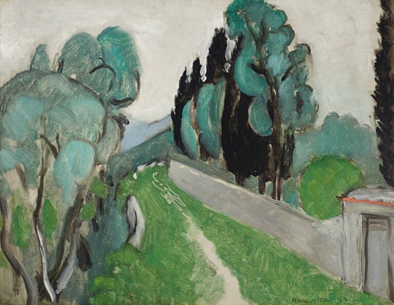 A cool Mediterranean hillside with a diagonal gray road, rounded blue-green olive trees, and dark vertical cypresses under a pale silver sky. A small building with a thin red roof edge anchors the lower right. Broad, visible brushstrokes and strong black contours create a calm, rhythmic scene painted by Henri Matisse in 1918.