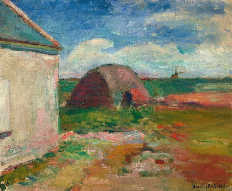 A Breton farm scene with a white building cropped at left, a rounded red-brown haystack in a green field, a tiny windmill on the distant horizon, and a breezy blue-gray sky. Thick, varied brushstrokes and warm-cool color contrasts create a lively, weathered landscape painted by Henri Matisse in 1897.