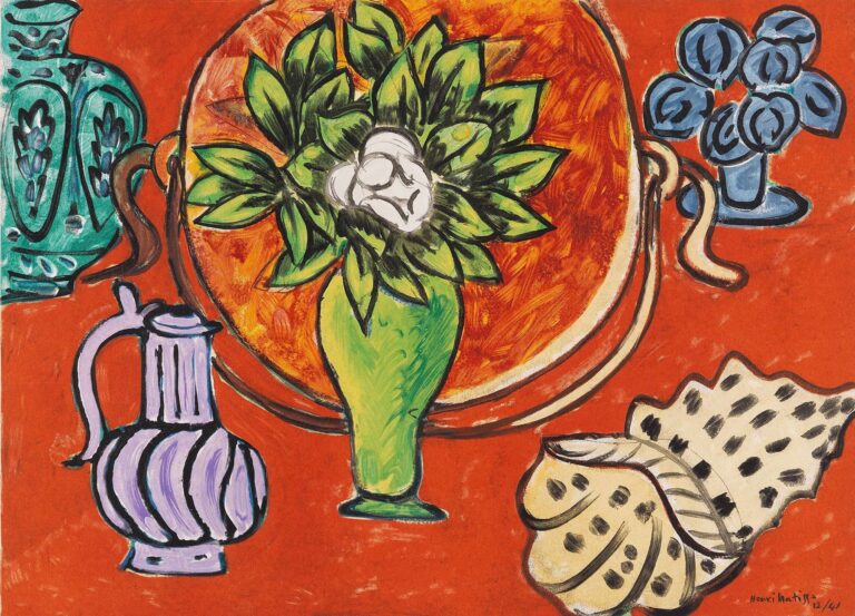 Flat, graphic still life on a bright red background: a central green vase with a white magnolia and green leaves set before an orange circular tray, flanked by a turquoise jug, a lilac ewer, a small blue bouquet, and a cream shell with black spots. Thick black outlines define the forms. Painted by Henri Matisse in 1950.