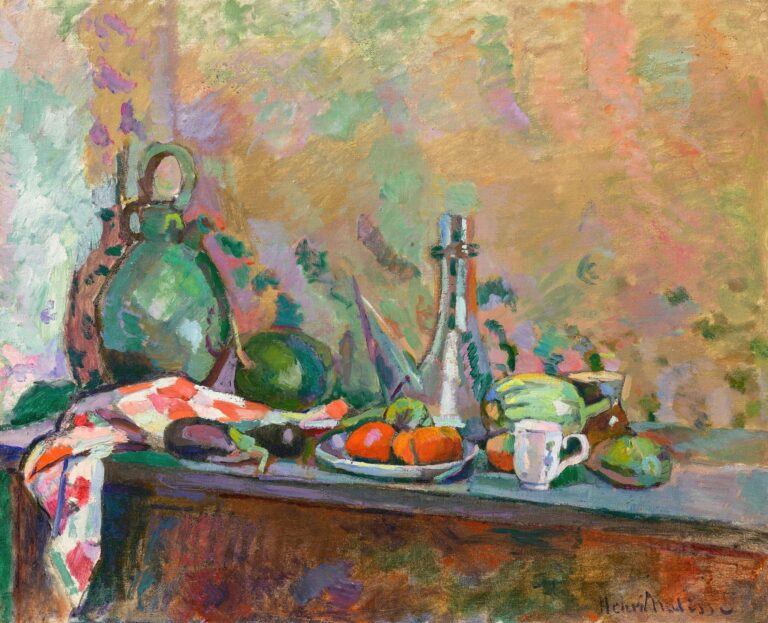 A tabletop still life with a round green jug, tall silver bottle, plate of orange-red tomatoes, a leek-like purro, melon, aubergine, small brown pot, and a white cup beside a red-and-white cloth. Behind the objects, a mottled wall of greens, mauves, peach, and gold glows with soft scumbles. Painted by Henri Matisse in 1904.