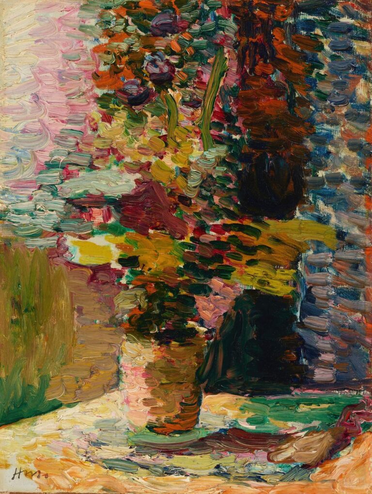 Thick, impasto still life of a bouquet in a small pot on a pale tabletop. Short strokes of green, violet, red, yellow, and blue build flowers and background; left wall in pink-lilac dabs, right side in cool blue-grey marks. Painterly, non-outlined forms. Henri Matisse, 1900.