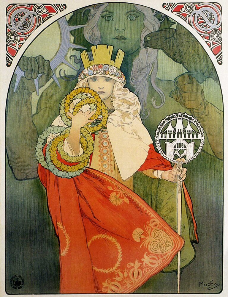 Art Nouveau poster by Alphonse Mucha showing a crowned female allegory in a red embroidered mantle holding linked laurel wreaths and a staff topped with the Sokol emblem; behind her looms a large green guardian figure with flowing hair and a falcon on the arm. Decorative spiral corner plates and an arched frame surround the scene, all rendered in warm reds, creams, and cool green-blues.