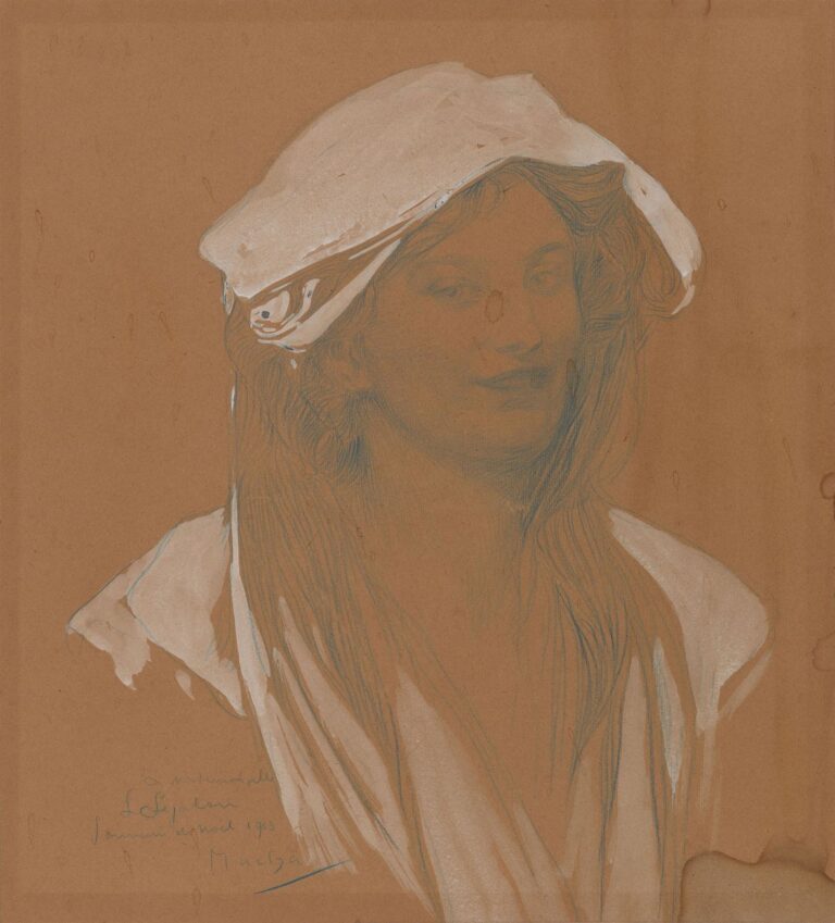 Bust-length portrait of a young woman on warm brown paper, drawn in cool blue lines with opaque white highlights on her cap and clothing; three-quarter view, slight smile, long hair falling to the shoulders, with Mucha’s inscription at lower left.