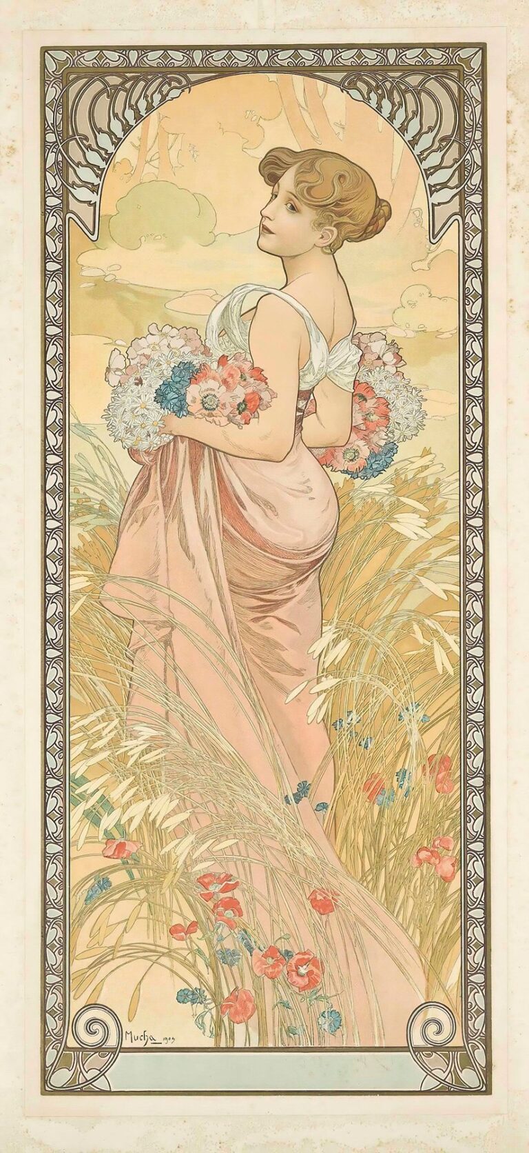 Alphonse Mucha’s 1900 lithograph “Summer” depicting a young woman in a pastel pink draped gown gathering daisies, poppies, and cornflowers amid stylized tall grasses, framed by an ornate Art Nouveau arch.