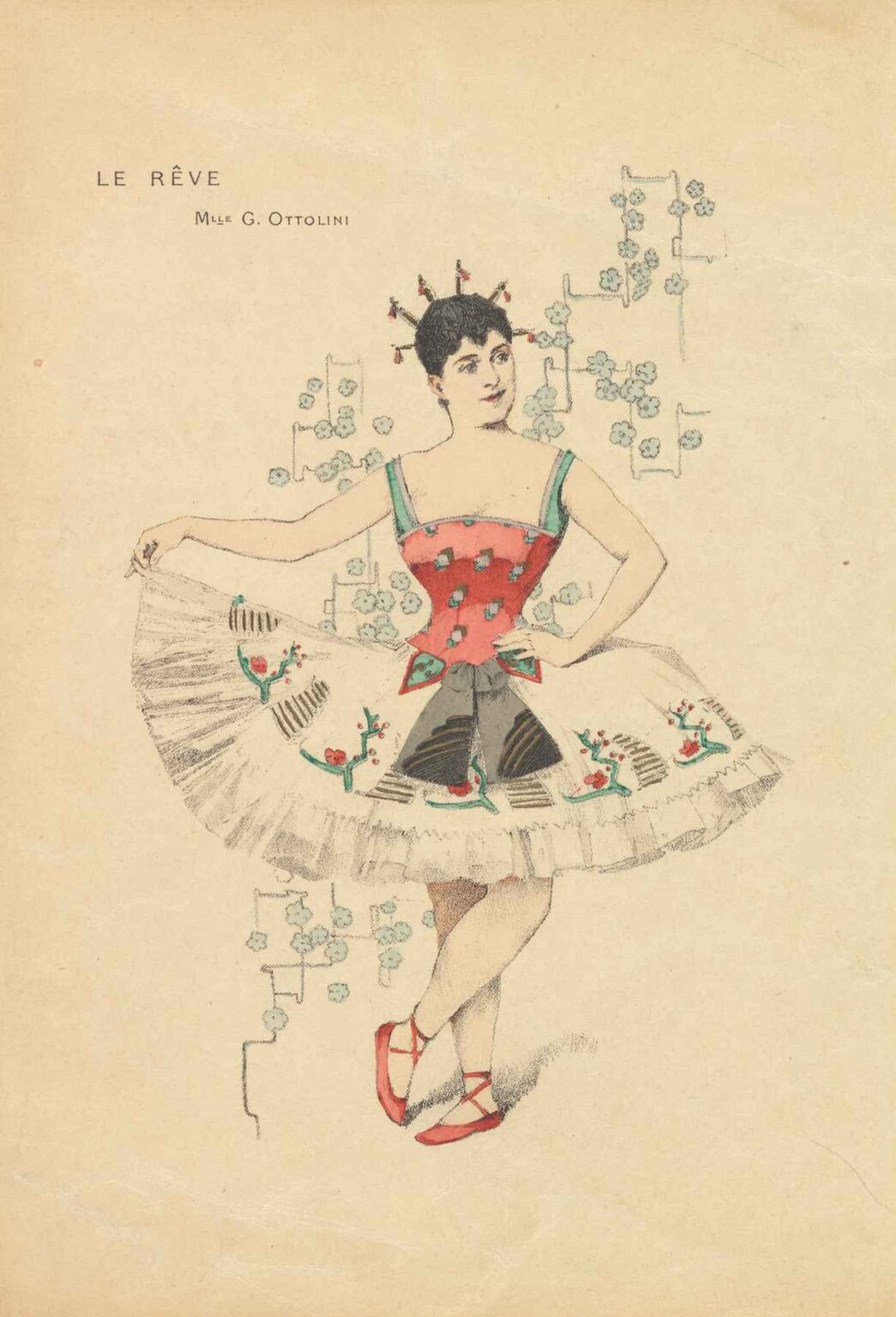 Lithograph by Alphonse Mucha depicting a poised ballerina in a red-and-white tutu with floral motifs, standing en pointe with one arm extended and the other on her hip, set against a minimalist background of pale blossoms and geometric arabesques.
