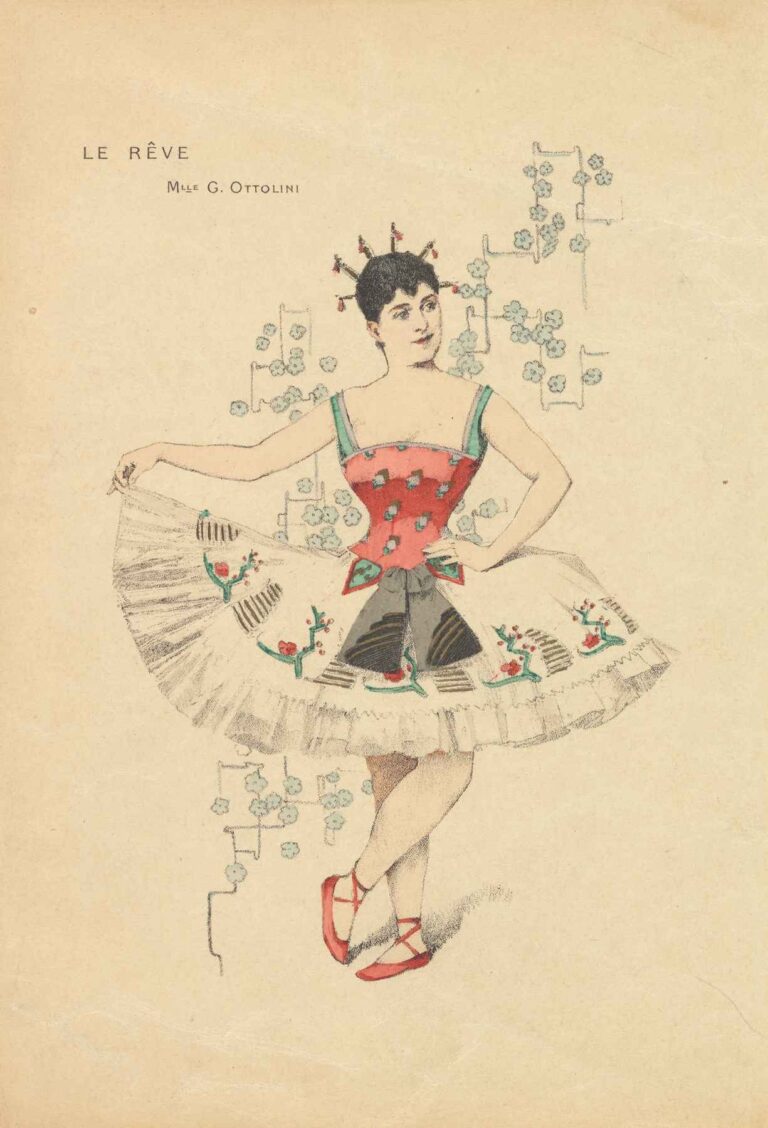 Lithograph by Alphonse Mucha depicting a poised ballerina in a red-and-white tutu with floral motifs, standing en pointe with one arm extended and the other on her hip, set against a minimalist background of pale blossoms and geometric arabesques.