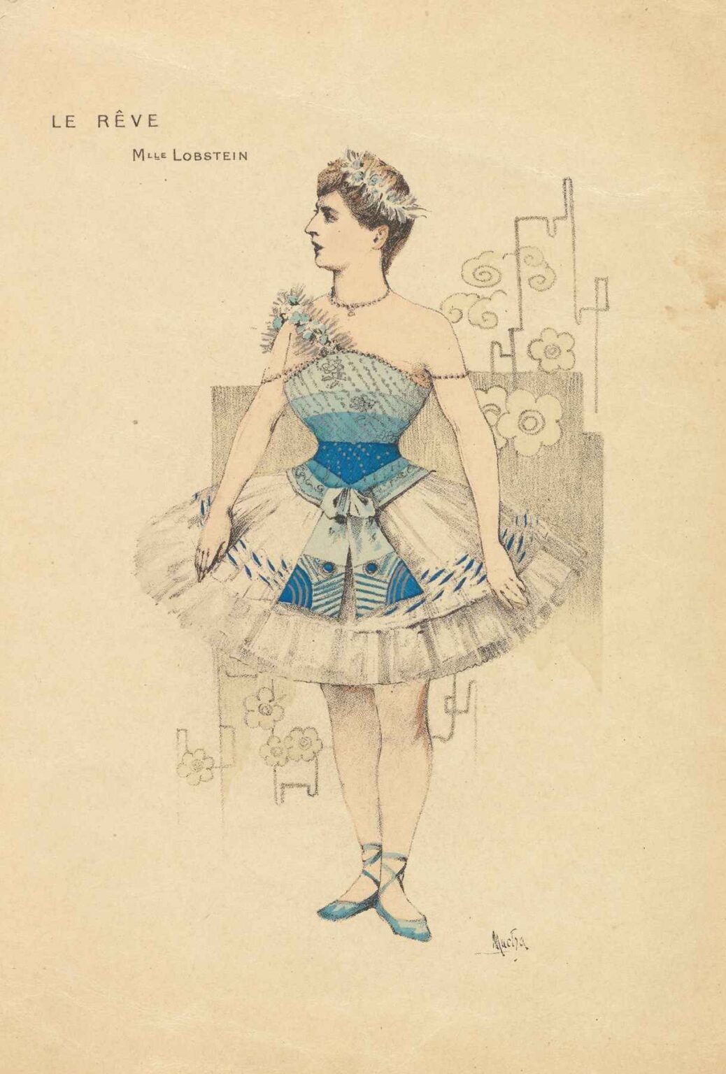 Lithograph by Alphonse Mucha showing a full-length profile of a ballerina in a tiered tutu and fitted bodice, rendered in delicate pencil lines and shaded washes of blue, standing en pointe with arms poised, against a pale background with subtle floral arabesques.