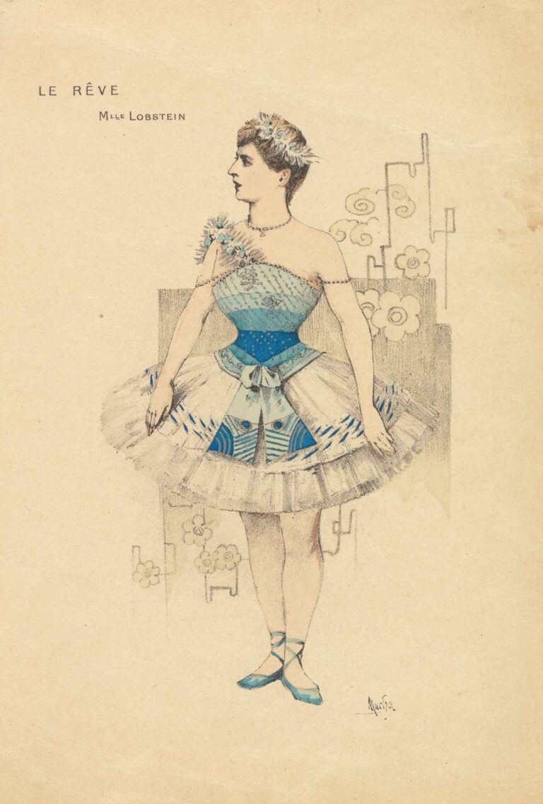Lithograph by Alphonse Mucha showing a full-length profile of a ballerina in a tiered tutu and fitted bodice, rendered in delicate pencil lines and shaded washes of blue, standing en pointe with arms poised, against a pale background with subtle floral arabesques.