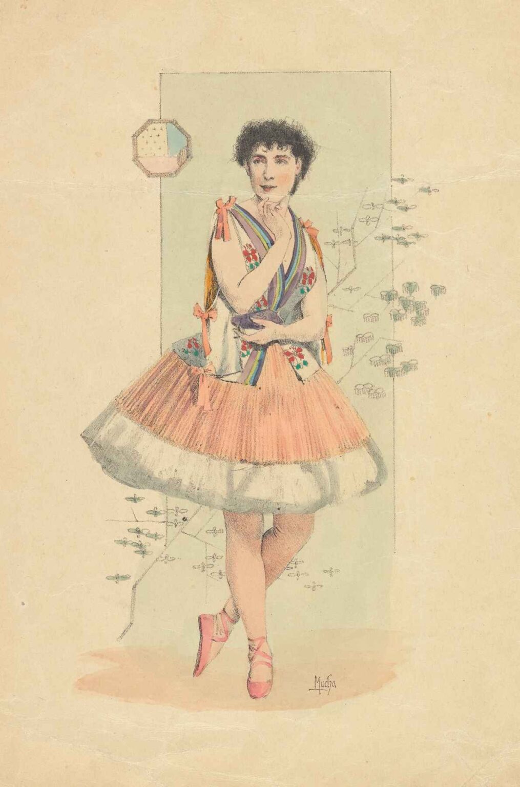 Full-length lithograph portrait of a ballerina in profile, wearing a tiered tutu and fitted bodice shaded in pale blues and pinks, standing en pointe with arms poised, set against a pale beige background adorned with faint floral arabesques.