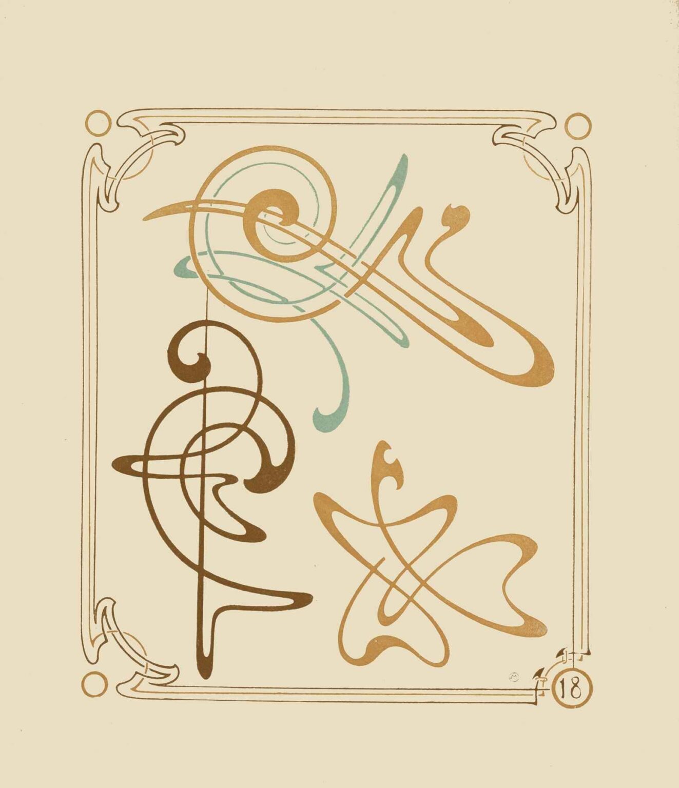 Four abstract arabesque motifs in gold, brown, and pale green swirl and loop within a thin double-line gold frame against a cream background, each motif suggesting stylized vines, leaves, and spirals.