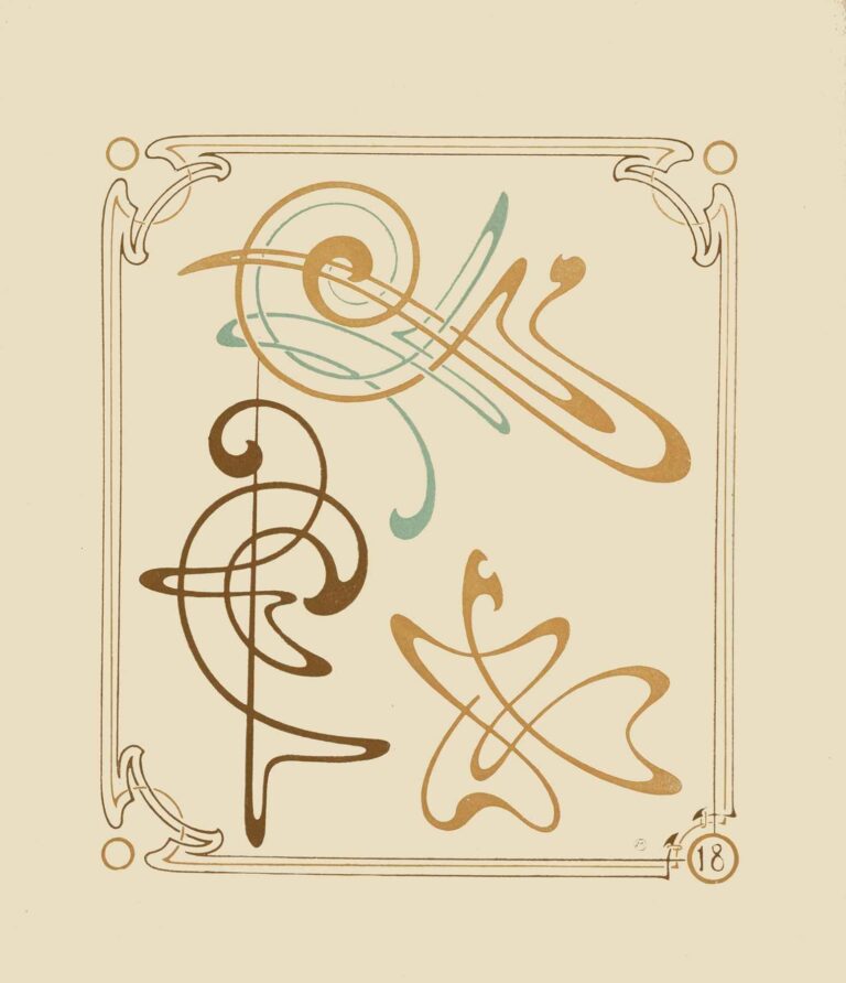 Four abstract arabesque motifs in gold, brown, and pale green swirl and loop within a thin double-line gold frame against a cream background, each motif suggesting stylized vines, leaves, and spirals.