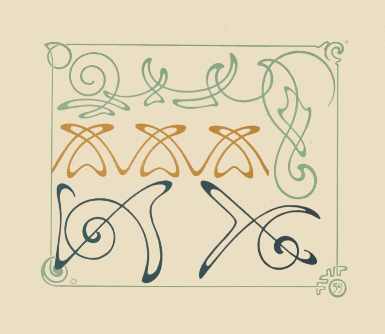 Four arabesque motifs—two in pale green, one in warm gold, one in deep teal—float within a thin pale-green double-line frame on a cream background, each composed of elegant loops, spirals, and stylized leaflike curves evoking vine tendrils and floral arabesques.