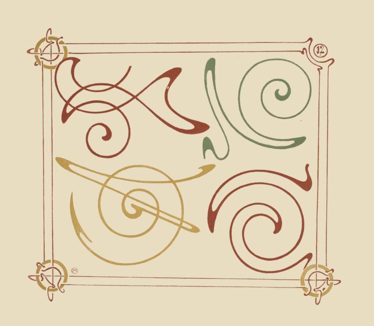 Abstract composition of four curving arabesque spirals in burnt sienna, olive green, and muted gold, framed by slender red border lines and corner knots on a beige ground.