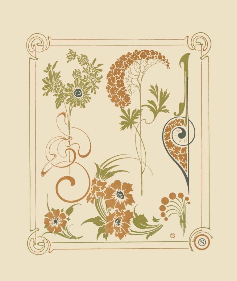 Abstract decorative panel of stylized floral clusters and sweeping arabesque curves in olive green, terracotta orange, and muted gold on a beige ground, framed by slender border lines and interlaced corner knots.