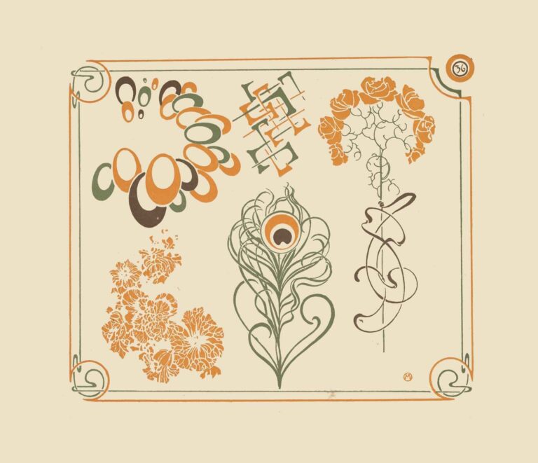Abstract decorative panel featuring six stylized motifs—a spiraling cluster of oval petals, an interlaced geometric knot, an arch of rose blossoms on a stem, a dense chrysanthemum cluster, a peacock feather with concentric “eye,” and a looping calligraphic ribbon—rendered in olive green, warm ochre, and deep sepia within a beige background and framed by slender border lines and corner knots.