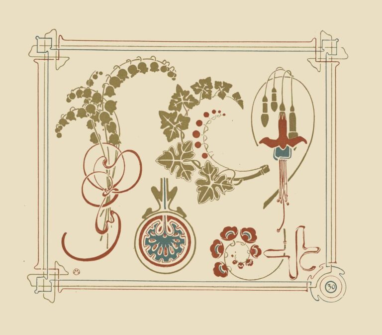 Abstract decorative panel of six stylized floral and leaf motifs—lily-of-the-valley, ivy scroll, fuchsia blossoms, seedpod cross-section, flower garland, and stem form—rendered in olive green, sepia, and russet within a beige ground and framed by corner knot ornaments.