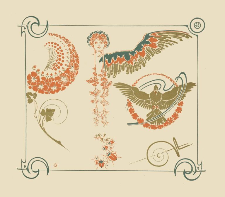 Abstract decorative panel featuring a floral wreath of blossoms and dots, an angel’s head with hanging garlands, stylized bird wings, a vine scroll, a trio of beetles with blossoms, and a spiral-cross motif, rendered in muted green and russet on a beige ground within a slender border and corner knots.