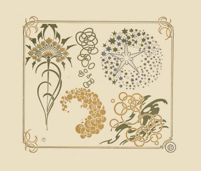 Abstract ornamental design featuring a stylized floral emblem, cascading loops of circles, a central starburst surrounded by tiny stars, a spiral of overlapping disks, interlaced rings atop foliage, and trailing leaves, rendered in olive green, muted gold, and slate blue within a cream ground and framed by slender border lines and corner knots.