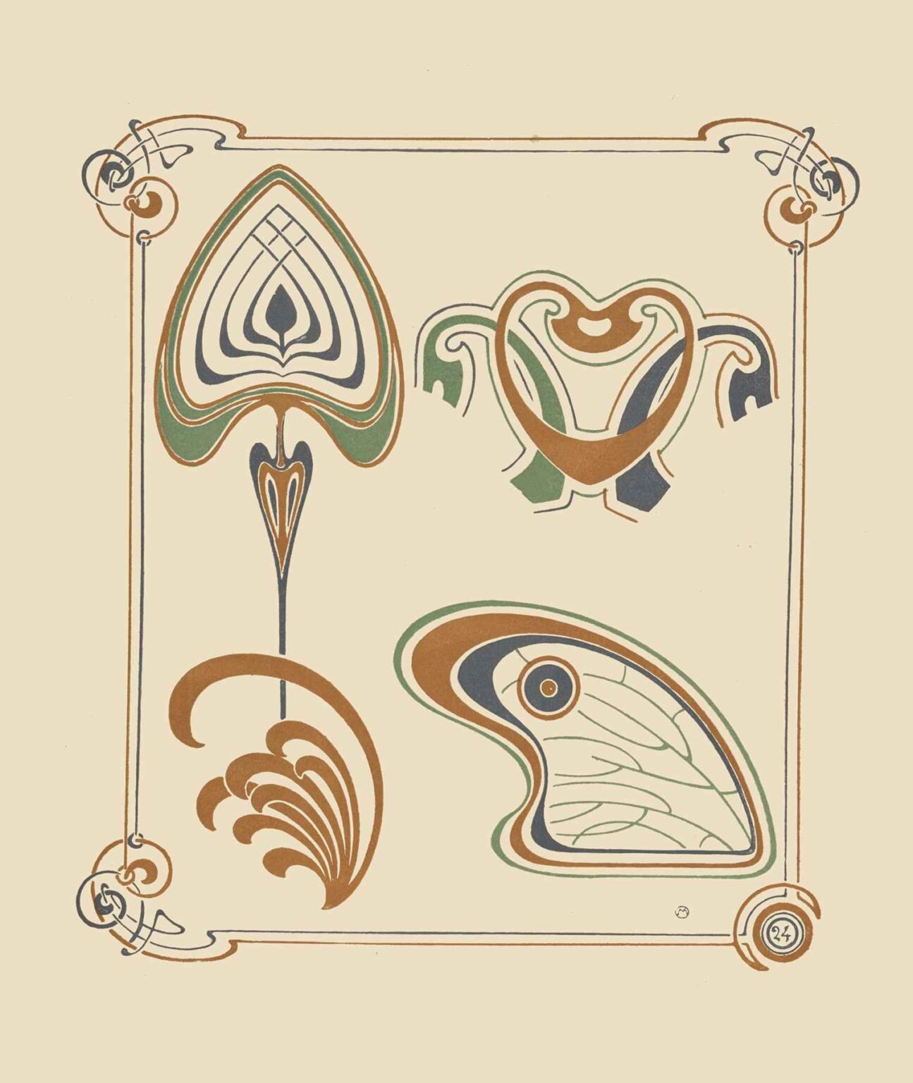 Abstract decorative panel featuring four stylized motifs—interlocking curved wing segments, mirrored wing form, radiating leaf scroll, and concentric veined leaf—rendered in olive green, warm ochre, and slate blue within a beige ground and framed by slender border lines and corner knots.