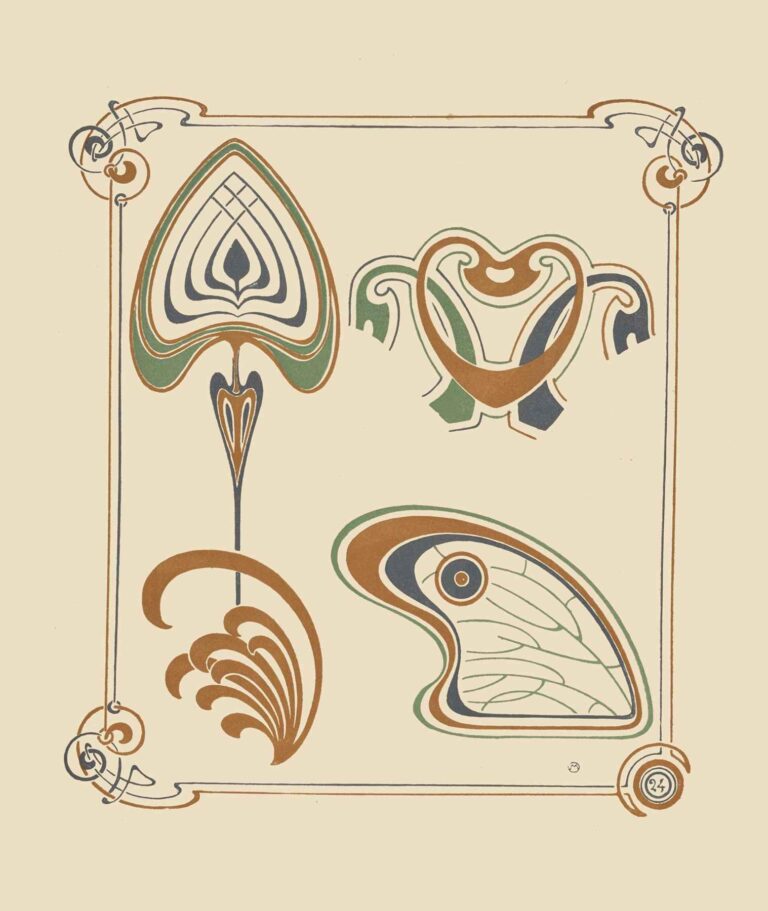 Abstract decorative panel featuring four stylized motifs—interlocking curved wing segments, mirrored wing form, radiating leaf scroll, and concentric veined leaf—rendered in olive green, warm ochre, and slate blue within a beige ground and framed by slender border lines and corner knots.