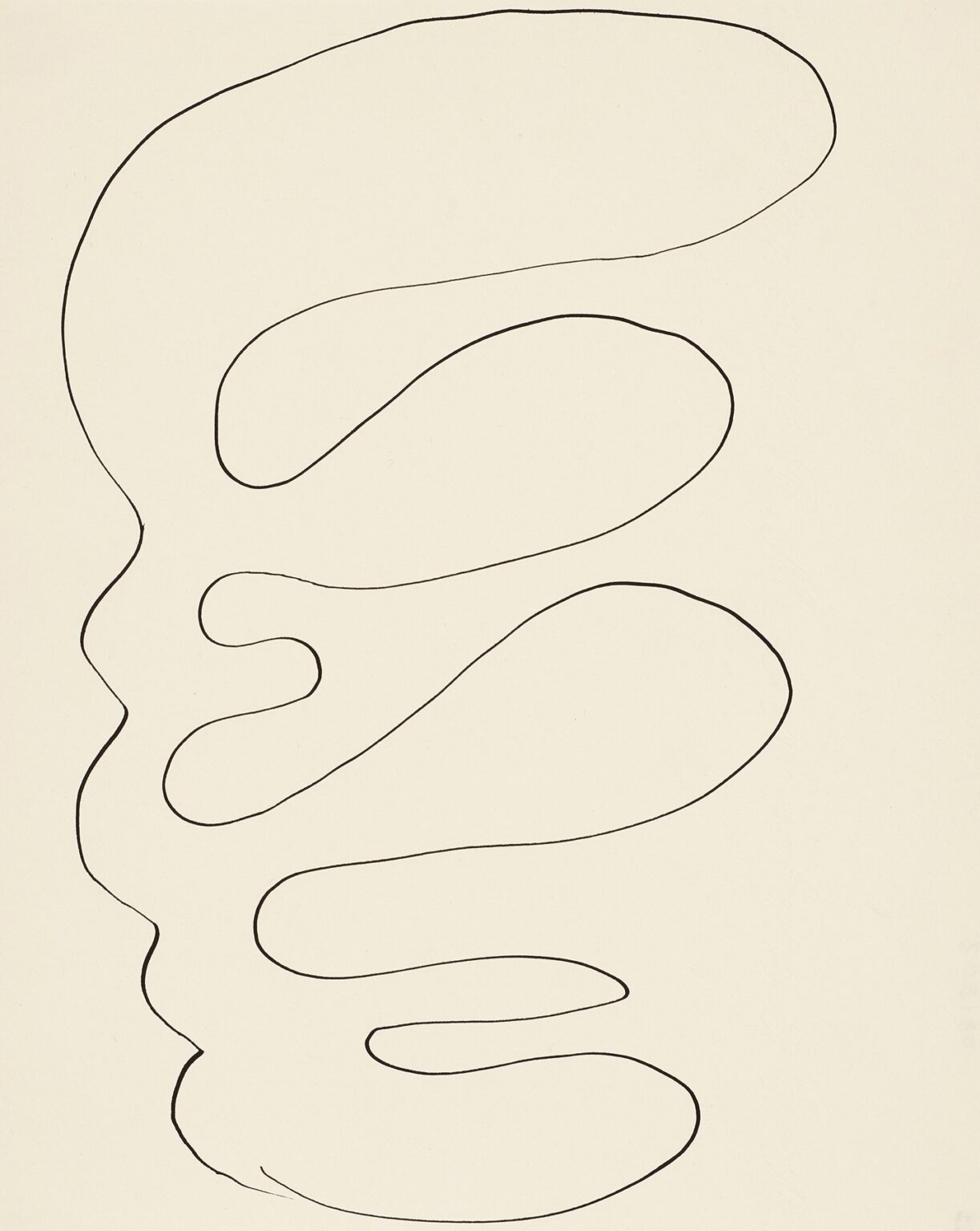 Minimalist drawing on cream paper showing one continuous black line that loops and tapers as it descends, forming a stack of large, rounded shapes without crossing itself. The unfilled spaces create balanced volumes around the flowing contour. Henri Matisse, 1946.
