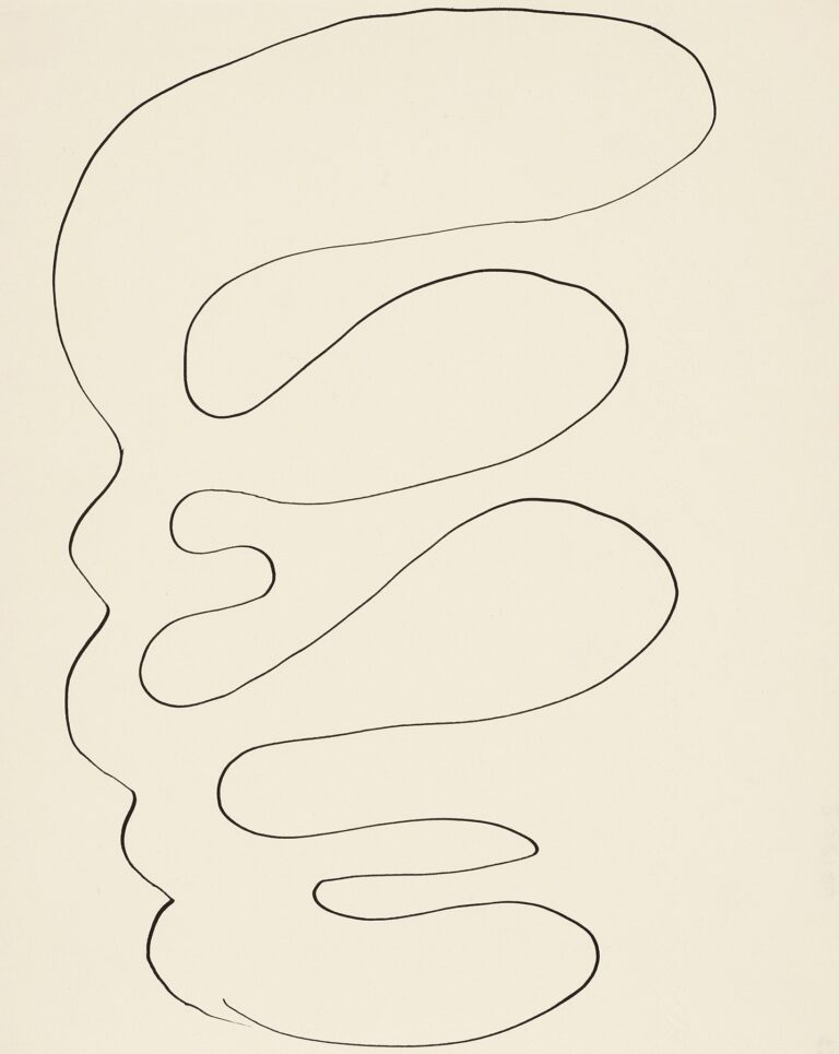 Minimalist drawing on cream paper showing one continuous black line that loops and tapers as it descends, forming a stack of large, rounded shapes without crossing itself. The unfilled spaces create balanced volumes around the flowing contour. Henri Matisse, 1946.
